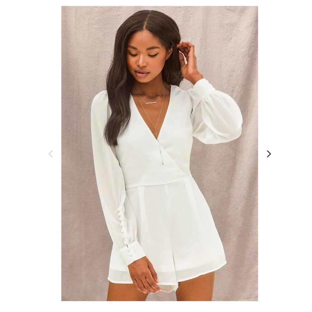 Lulus Feeling Like a Dream White Long Sleeve Surplice Romper - Small
